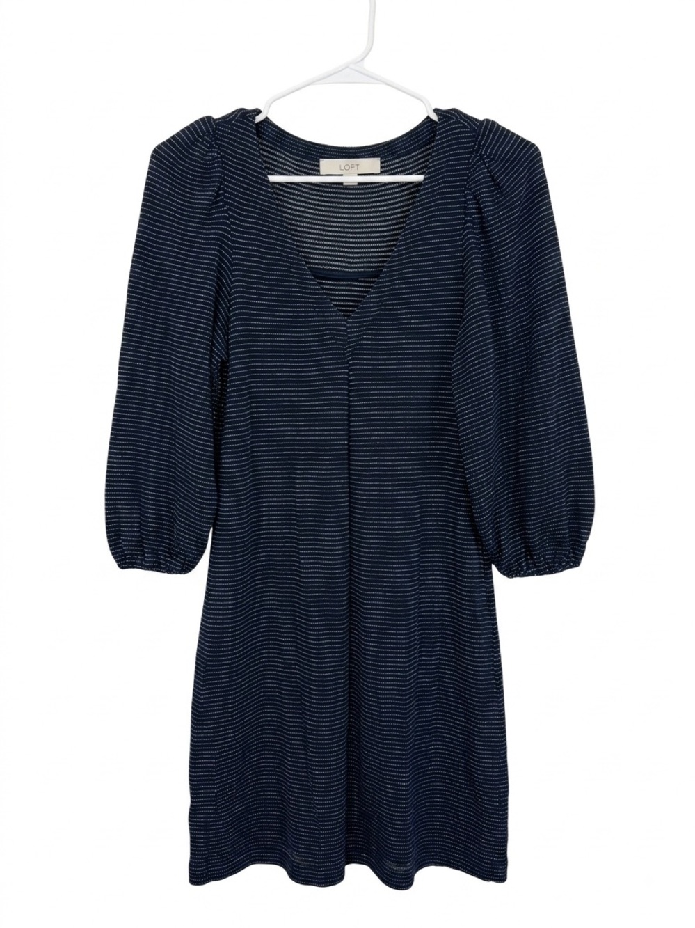 LOFT Navy and White Striped V-Neck Puff Sleeve Tunic